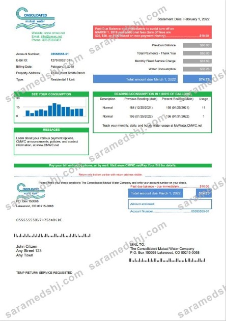 USA Consolidated Mutual Water utility bill template in Word and PDF format